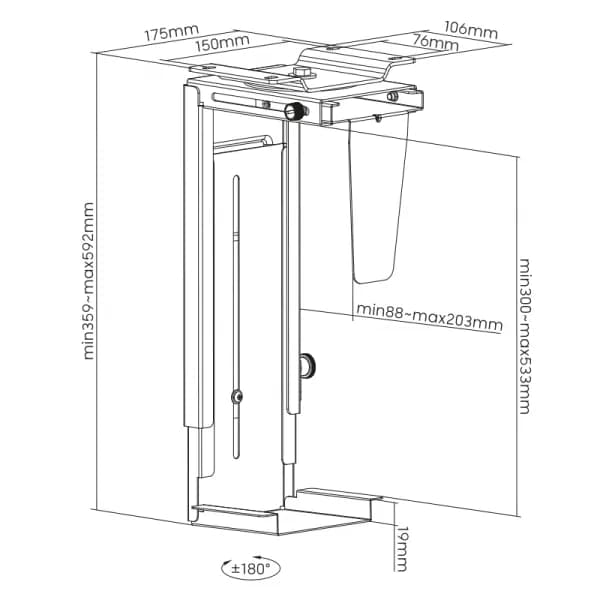 SUPORT de birou LOGILINK pt. unitate centrala, suporta dimensiuni: inaltime 300-533 mm/ latime 88-203 mm, rotatie -180/+180 grade pt. acces la cabluri/porturi, pana la 10Kg, se monteaza sub birou/pe perete, negru, "EO0005" — miniatură