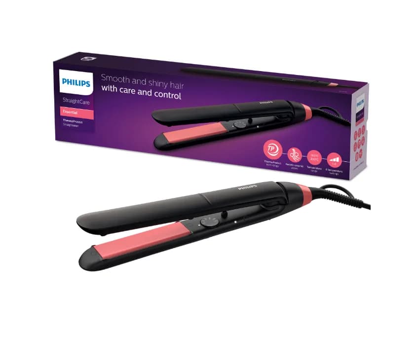 Placa de par PHILIPS StraighCare Essential BHS376/00, Tehnologie ThermoProtect, Placi cu infuzie de cheratina, Negru, L x A x I (mm)  54x346x90