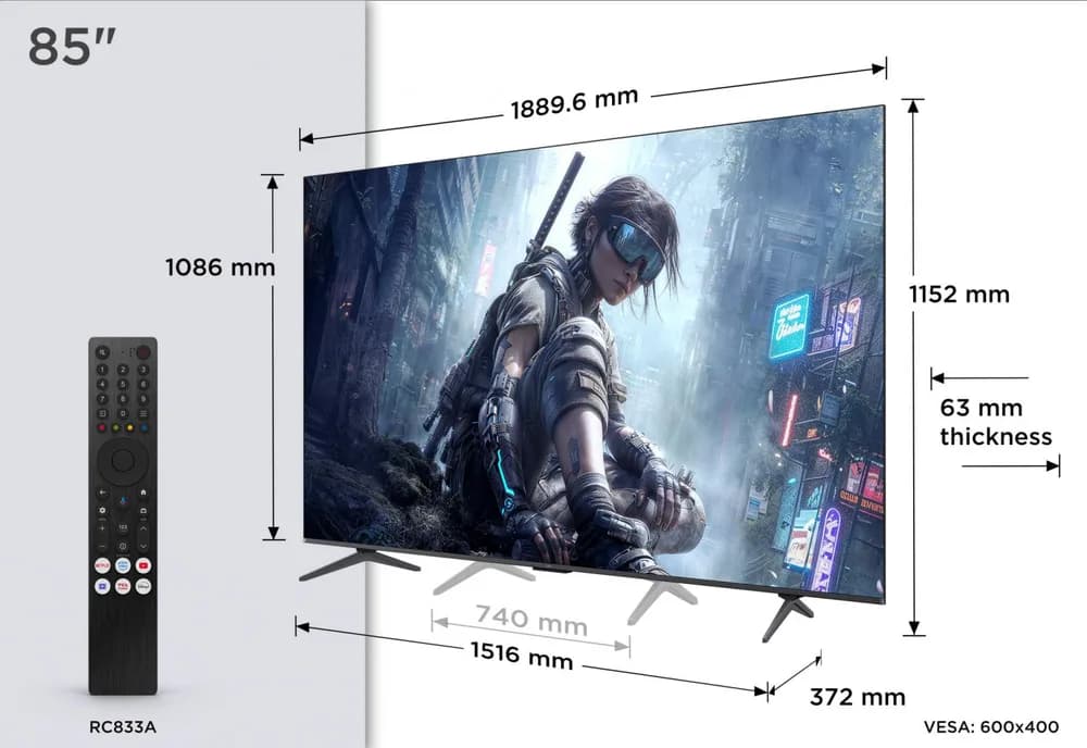Televizor TCL QD-MiniLED 85T8D, 215 cm, Smart Google TV, 4K Ultra HD, 144Hz, Onkyo — miniatură