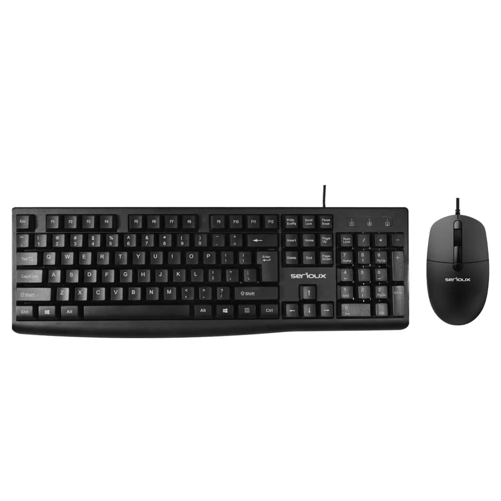 Kit Serioux cu fir, Tastatura: interfata USB, 104 taste, material ABS, US layout, lungime cablu 1.5m PVC, dimensiuni 440*159*25mm, negru, Mouse: interfata USB, 4 butoane, polling rate 125 Hz, rezolutie DPI 1000, lungime cablu 1.5m PVC, dimensiuni 109*61*37mm, negru — miniatură
