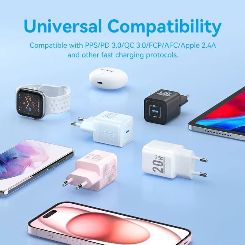 Alimentator retea Vention 20W, 1 x USB Type-C, 5V/3A, QC 3.0, roz, "FEPP0-EU" - 6922794782129 — miniatură