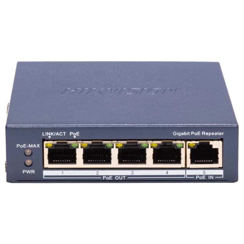 Repetor PoE Hikvision DS-3E0505P-E/R: 5 × 10/100 Mbps PoE PoE RJ45 port, 4 porturi PoE maxim 30W, buget PoE 60W, dimensiuni: 105.00 mm × 27.6 mm × 83.1 mm, greutate: 0.25kg, montare pe birou sau pe perete.