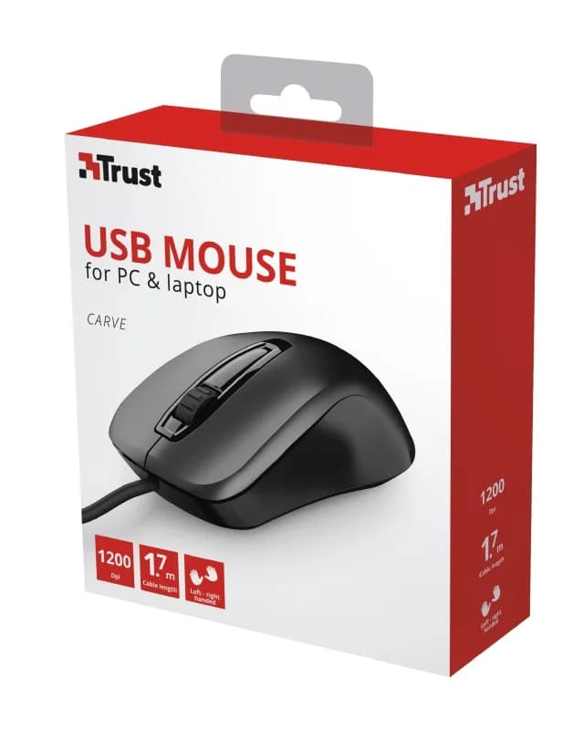 MOUSE TRUST, "Carve", PC sau NB, cu fir, USB, optic, 1200 dpi, butoane/scroll 3/1, negru, "TR-23733" — miniatură