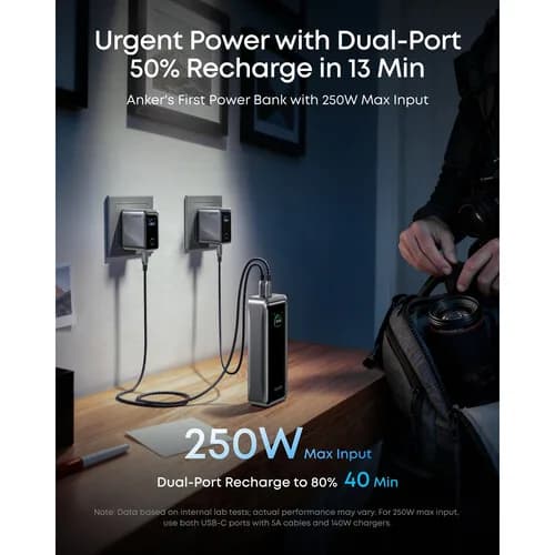POWER BANK Anker "Prime" 26.250 mAh, 300W PowerIQ 4.0, 2 x USB-C, 1 x USB-A, afisaj LED, conectare Bluetooth, control prin app, 600, gri, "A110AH11" - 194644239299 — miniatură