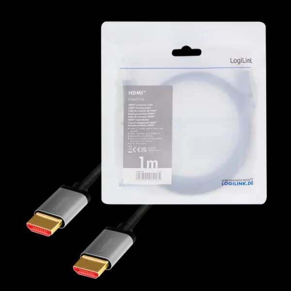 CABLU video LOGILINK, HDMI (T) la HDMI (T) 2.1, 1m, conectori auriti, rezolutie maxima 8K (7680 x 4320) la 60 Hz, aluminiu, triplu ecranaj, negru-gri, "CHA0104" — miniatură