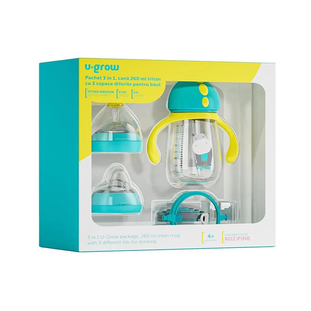 Pachet 3 in 1 cana 260 ml tritan cu 3 accesorii diferite pentru baut : tetina biberon, cioc, pai, blue, U-Grow