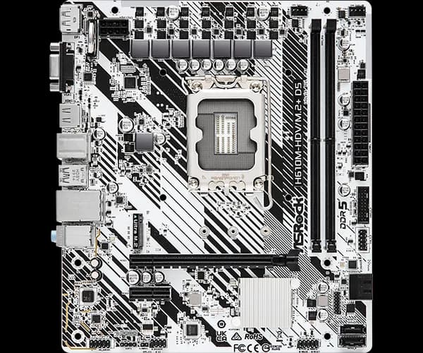 Placa de baza AsRock "H610M-HDV/M.2+ D5", skt. LGA 1700, chipset Intel H610, mATX, 2 x DDR5 max. 96 GB, USB 3.2 gen 1, 4 x SATA, 1 x M.2, PCIe 4.0, HDMI, DisplayPort, VGA, "H610M-HDV/M.2+ D5"