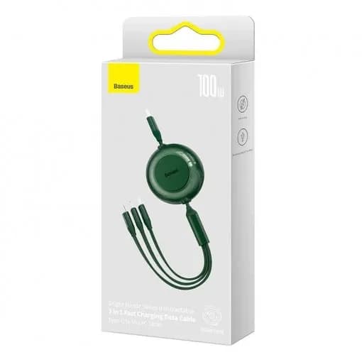 CABLU alimentare si date Baseus Bright Mirror 2 One-for-three Retractable, pt smartphone,USB Type-C la Micro-USB+Lightning + USB Type-C 100W, 1.1m, verde "CAMJ010206" - 6932172609160 — miniatură