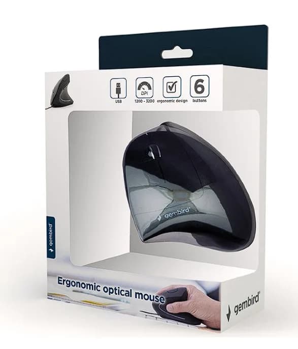 MOUSE GEMBIRD, PC sau NB, cu fir, USB, optic, 3200 dpi, butoane/scroll 6/1, ergonomic, cablu 1.35m, negru, "MUS-ERGO-03" — miniatură