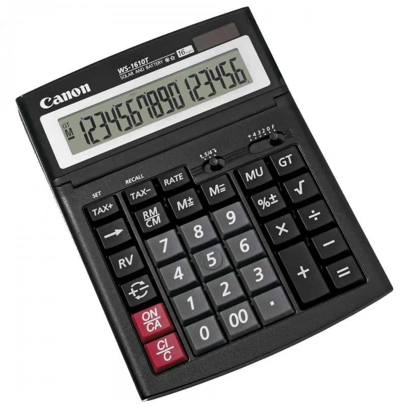 Calculator birou Canon WS-1610T, 16 digiti, display LCD, alimentare solara si baterie, functie tax. — miniatură