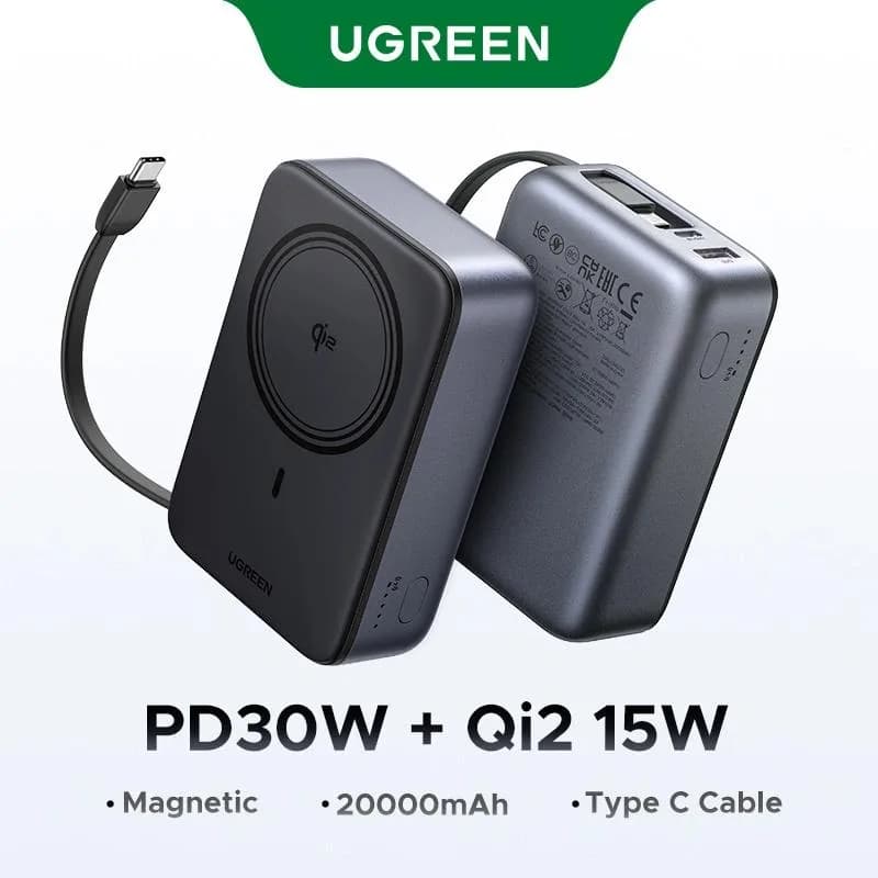 POWER BANK Ugreen "PB567", 20000mAh, 30W PD3.0, 1 x USB, 1 x USB Type-C, incarcare magnetica 15W, 1 x USB Type-C cablu integrat, gri, "55450B" — miniatură