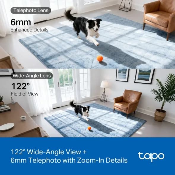 TP-Link Tapo C245D. Type: IP security camera, Placement supported: Indoor, Connectivity technology: Wireless. Mounting type: Ceiling/wall, Product colour: White, Form factor: Spherical. Lens viewing angle, horizontal: 104.3°, Lens viewing angle, vertical: 57.9°, Lens viewing angle, diagonal: 121.8° — miniatură
