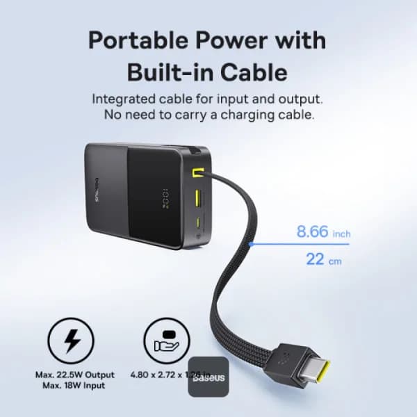 POWER BANK Baseus EnerFill FC51 Bipow2 Pro, 20000mAh, 22.5W, 1 x USB Type-C, 1 x USB, cablu integrat USB Type-C 22cm, negru, "E0027701" - 6932172691899 — miniatură