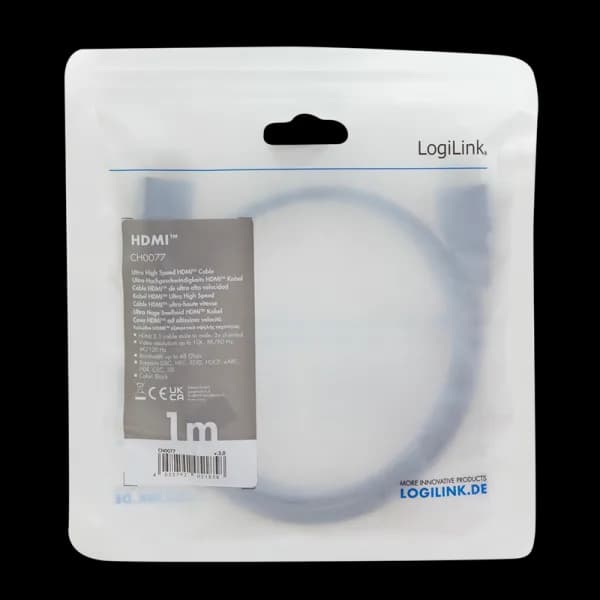 CABLU video LOGILINK, HDMI (T) la HDMI (T) 2.1, 1m, conectori auriti, rezolutie maxima 8K (7680 x 4320) la 60 Hz, plastic, triplu ecranaj, negru, "CH0077" — miniatură