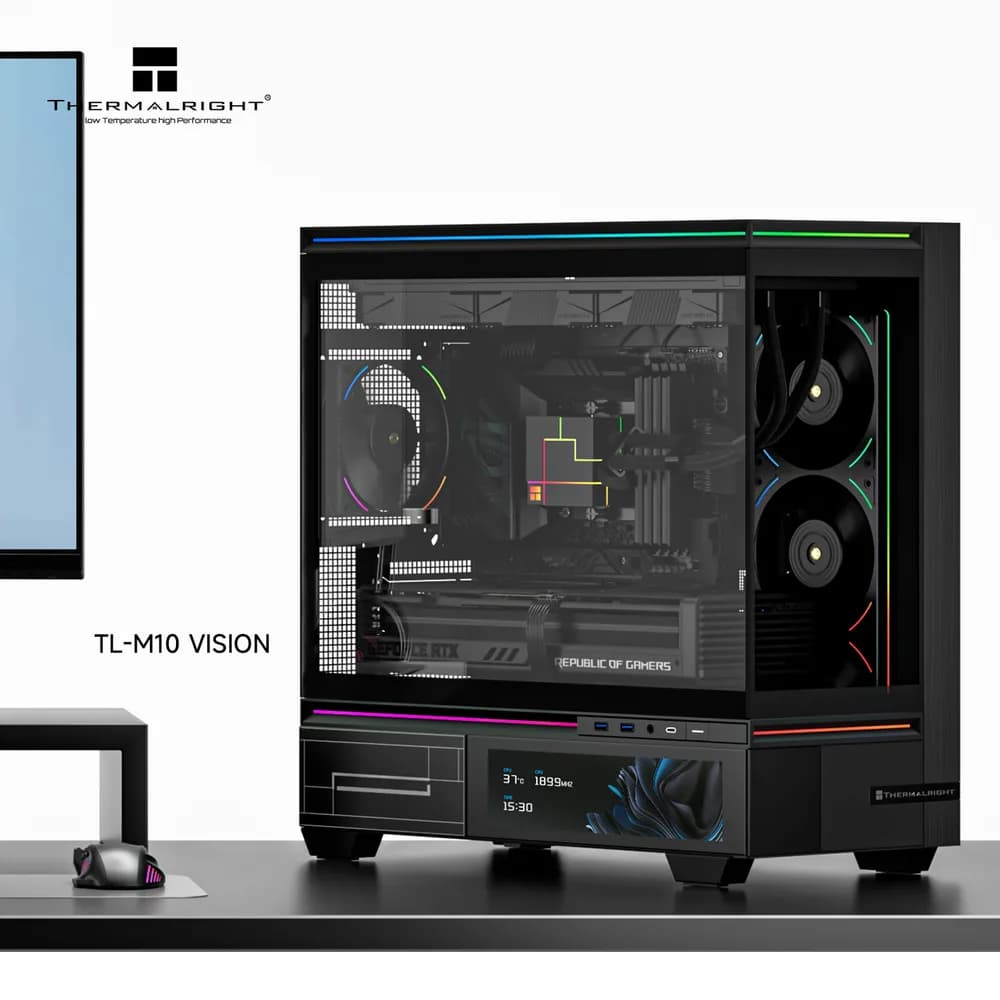 CARCASA Thermalright "TL-M10 Vision Black FAN4-C", mid tower, sticla securizata, ecran LCD 9.16", fara PSU, 4 x fan incluse (3x TL-C12RB-S V2 + 1x TL-C12C-S 120mm), H max cooler 185mm, USB-C, 2x USB 3.0, negru, ARGB, "TL-M10 Vision Black FAN4-C" (tim — miniatură