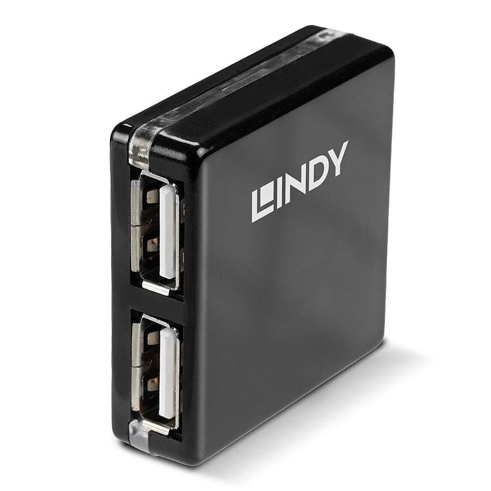 Hub USB LINDY 4 Port USB 2.0 Mini Hub USB-A, 4 porturi, Negru — miniatură