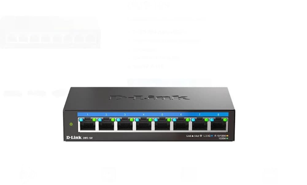 D-LINK DMS-108 UNMANAGED SWITCH 8 PORT, Interfata: 8 x 10/100Mbps/1G/2.5G, Auto MDI/MDIX, Capacitate Switch 40 Gbps, Packet Forwarding Rate: 29.76 Mpps, Dimensiuni: 145 x 82 x 28 mm, Greutate: 343g