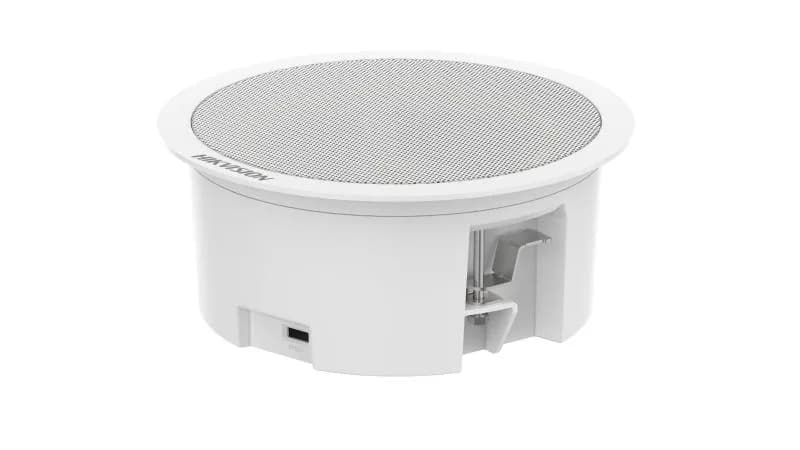 Difuzor de tavan Hikvision DS-QAZ0203G1-S, putere difuzor: 3W, senzitivitate: 93 dB, frecventa: 300 Hz to 15 kHz, SNR: 82 dB, dimensiuni: Ø179 mm × 77.5 mm, greutate: 0.3kg.