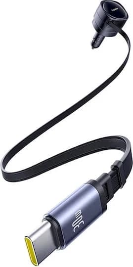 INCARCATOR auto Baseus Enjoyment Max, Quick Charge 60W, cablu retractabil integrat 2 x USB Type-C, negru "C00035507121-01" - 6932172682576 — miniatură