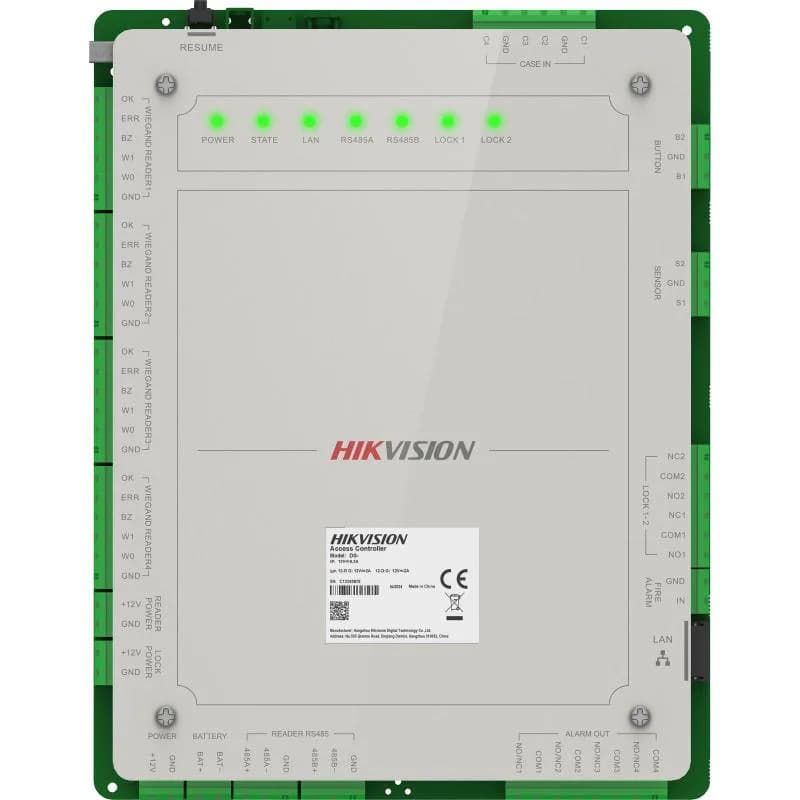 Centrala control acces Pro Series Hikvision DS-K2622X(P) pentru 2 usi, bidirectional (2 citittoare); Intrari: 4 alarm input, Door Contact x 2, Tamper x 1; Iesiri: Alarm x 4, alimentare: 12 ± 15% VDC, temperatura de functionare: -10 °C to 55 °C.