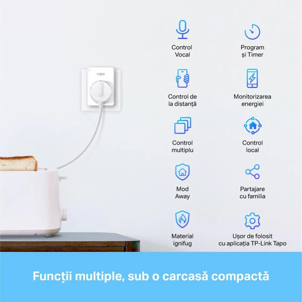 TP-Link MINI SMART WI-FI SOCKET TAPO P110(4-PACK), Protocol: IEEE 802.11b/g/n, Bluetooth 4.2 (doar pentru onboarding), 2.4 GHz, Cerințe de sistem: Android 4.4 sau o versiune mai recentă, iOS 9.0 sau o versiune mai recentă, Cerinte de alimentare: AC 220-240 V~50/60 Hz 10 A. — miniatură