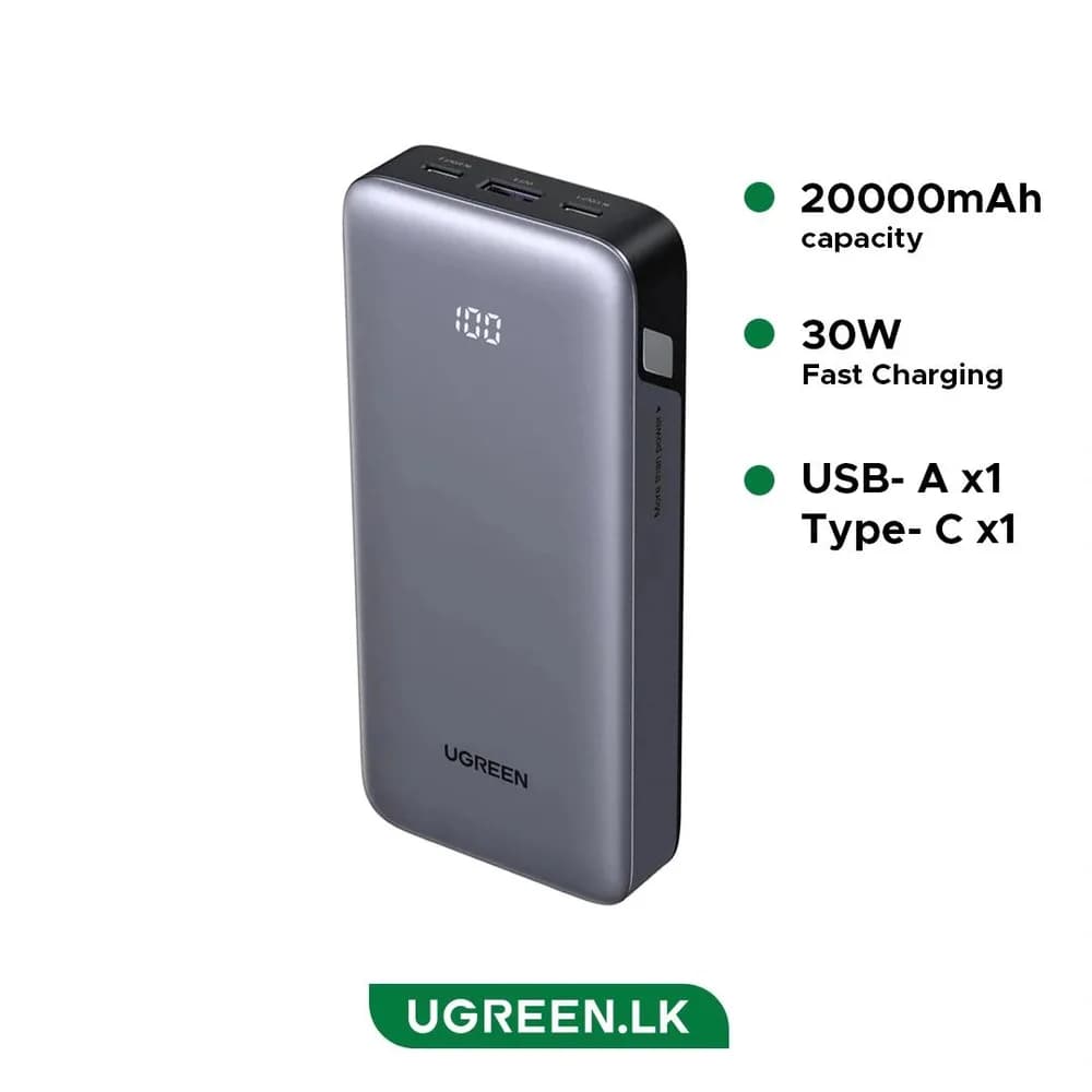 POWER BANK Ugreen, "PB532", 20000mAh, 30W, 2 x USB Type-C input/output, 1 x USB, display, gri, "55989B"