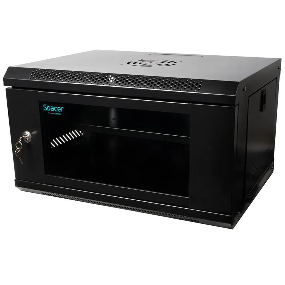CABINET 19″ SPACER 6U 500x400mm, fixare pe perete, Flatpack (dezasamblat), Black, usa sticla cu blocare, panouri detasabile, otel 1mm, sarcina maxima 25Kg