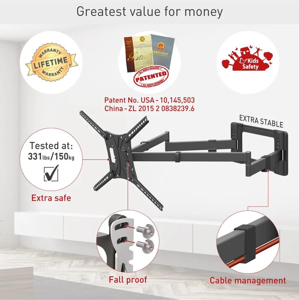 Suport TV plat/curbat de perete cu 2 brate Barkan BM464XL, 13"- 83", Max 50kg, VESA 600x400, negru