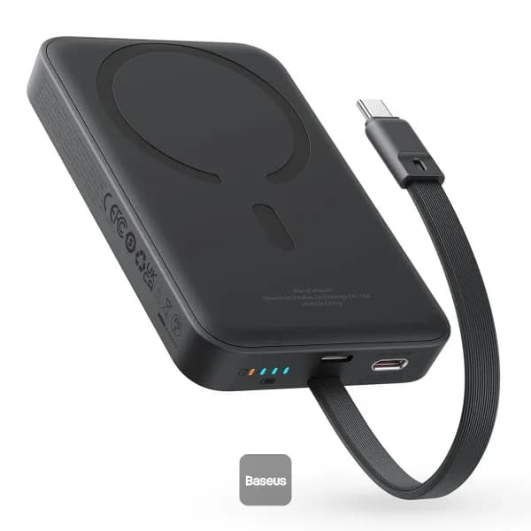 POWER BANK Baseus Magnetic Mini Wireless, 10000mAh, 30W, 2 x USB Type-C output/input, 15W wireless charging, cablu integrat USB Type-C, negru, "P1002210B113-00" - 6932172642785
