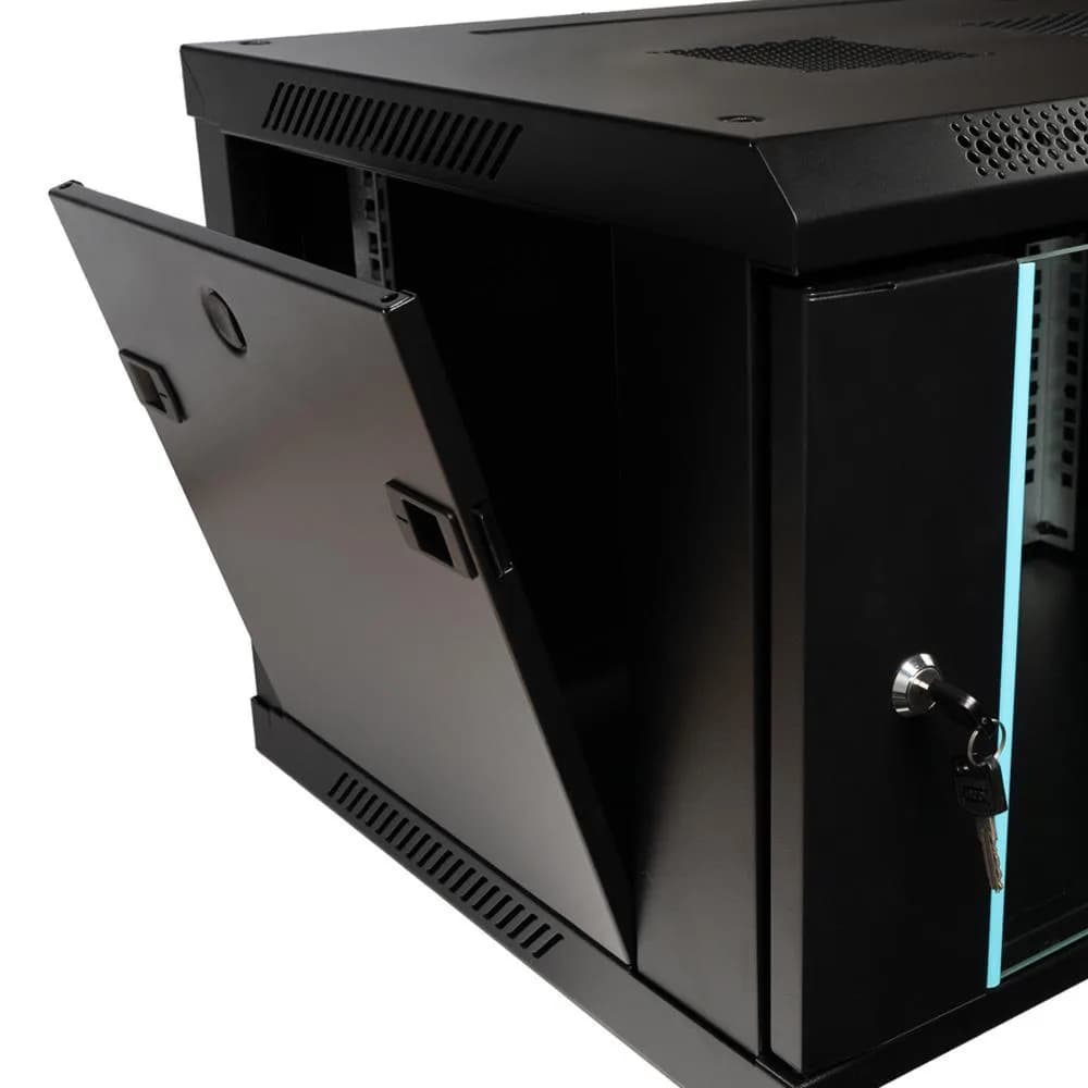 CABINET 19″ SPACER 6U 600x450mm, fixare pe perete, Flatpack (dezasamblat), Black, usa sticla cu blocare, panouri detasabile, otel 1.5mm, sarcina maxima 60Kg — miniatură