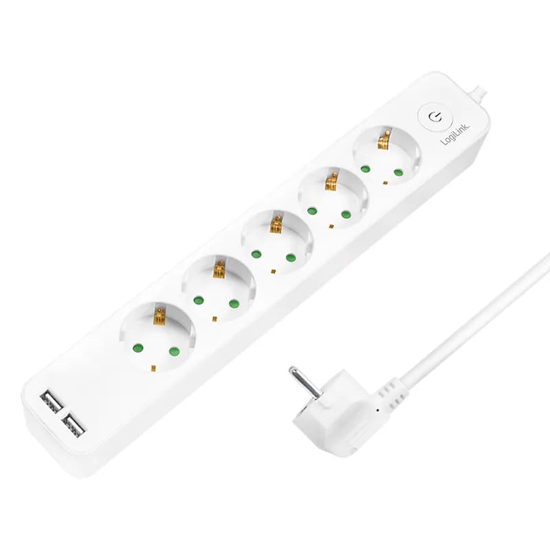 PRELUNGITOR LOGILINK, Schuko x 5, USB x 2 5V/2.1A (10.5 W), cablu 3G 1.5mm2, 230 V/16 A, 50 Hz, max. 3600 W, buton intrerupator iluminat, IP20, 1.5m, alb "LPS249U" (include TV 0.80lei)