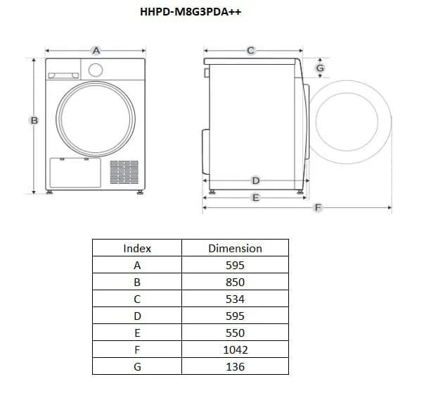 Uscator de rufe HEINNER HHPD-M8G3PDA++, 8 kg, Clasa: E, Alb — miniatură