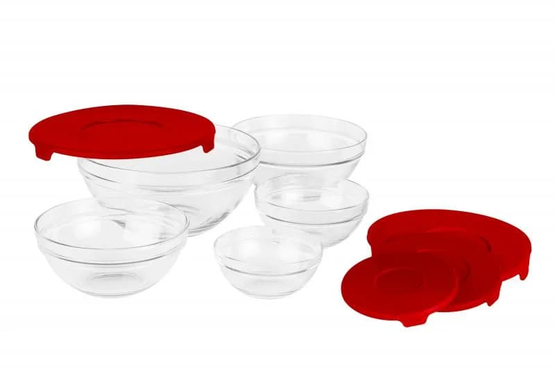 SET 5 BOLURI DE STICLA CU CAPAC,VANORA HOME(12 bucati in bax-cate 4 buc/culoare rosu, galben si albastru) — miniatură