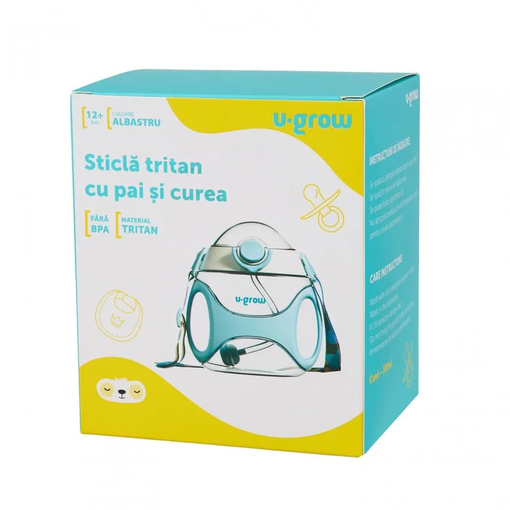 Sticla tritan cu pai si curea, 330 ml, blue, U-Grow — miniatură