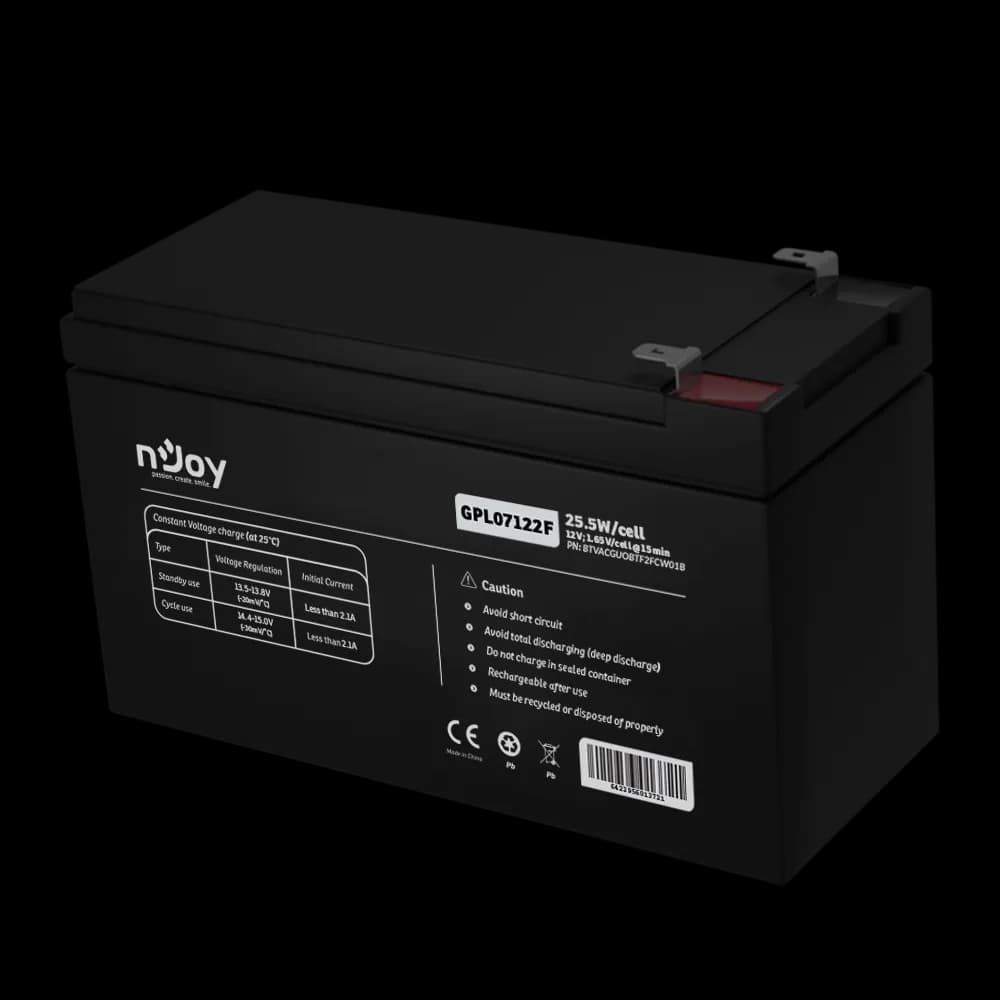 Acumulator nJoy GPL07122F 12V 22.72W/cell, Capacitate 22.72W/cell evaluat la 1,65V/cell@15 min), Tensiune 12V, Tip VRLA - fara mentenanta, Caracteristici: Sigilata complet si fara intretinere, Peste 260 de cicluri la 100% DOD, Utilizare standard 5-8 ani, Auto-descarcare redusa, Conectori : F2