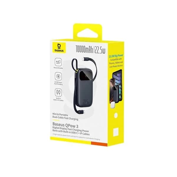 POWER BANK Baseus Qpow3, 10000mAh, 22.5W, 1 x USB, cablu integrat USB Type-C, cablu integrat Iphone Lightning, negru, "P10082106123-00" - 6932172691219 — miniatură