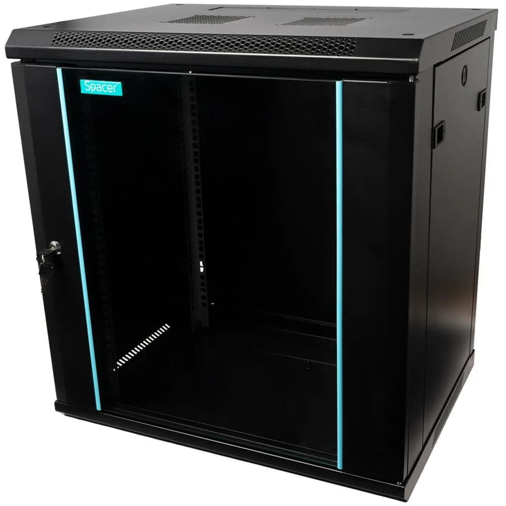 CABINET 19″ SPACER 12U 600x450mm, fixare pe perete, Flatpack (dezasamblat), Black, usa sticla cu blocare, panouri detasabile, otel 1.5mm, sarcina maxima 60Kg