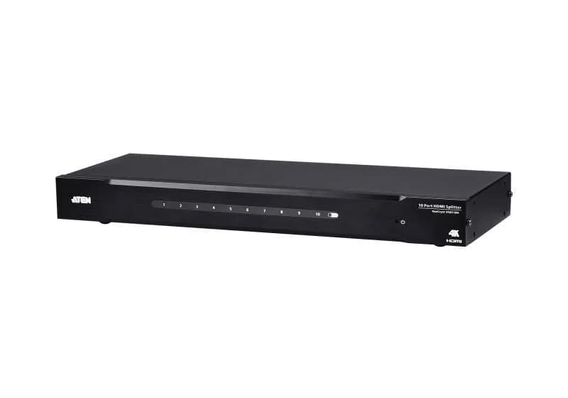 Splitter HDMI Aten VS0110HA; Video Type portul: HDMI, Iesire video: 8x HDMI. Rezoluţia maximă: 4096 x 2160 Pixel, Culoarea produsului: Negru, Material carcasă: Metal; numar porturi 10, tensiune de ieşire: 5 V, Consum de energie (tipic): 11,95 W. Lățime: 157,8 mm, Adâncime: 437,2 mm, Înălţime: 44 mm