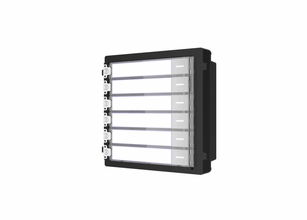 Modul de extensie videinterfon cu sase butoane de apelare Hikvision DS-KD-KK; montaj aplicat sau ingropat (acesoriile de montaj nu s untincluse), customizare afisare nume; iluminare pe timp de noapte;Conectare RS-485, 1 x Input; 1 x Output; Protectie: IP 65; Dimensiuni;Dimensiuni: 98.21 mm × 100.21