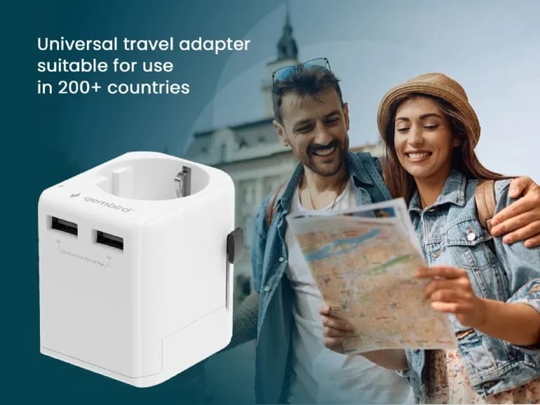 ADAPTOR GEMBIRD, universal, EU la conectori: US/UK/CN/AU, cu impamantare, 1x Schuko, 2x USB-A 12W, siguranta 10A, max. 2500W, alb, "TPA-EU2A12-01-W" — miniatură