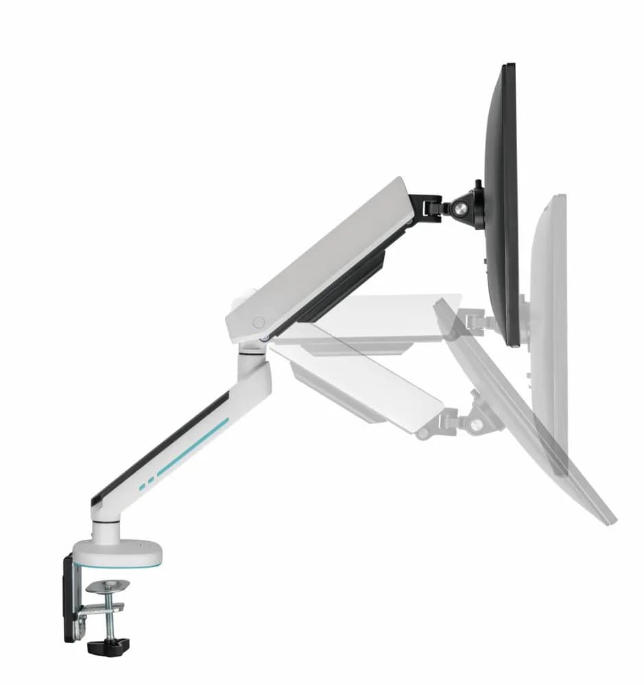 Suport monitor Serioux SRXA-MM54-C012WH, Material: Oțel, Aluminiu, Plastic, Suprafață finisaj : acoperire cu Pulbere, tehnologie arc, Culoare: Alb Texturat Fin, Gri Spațial Dimensiune compatibila ecran: 27"-45", Greutate maxima (pe ecran): 5~14 kg, Greutate maxima: 5~12 kg — miniatură