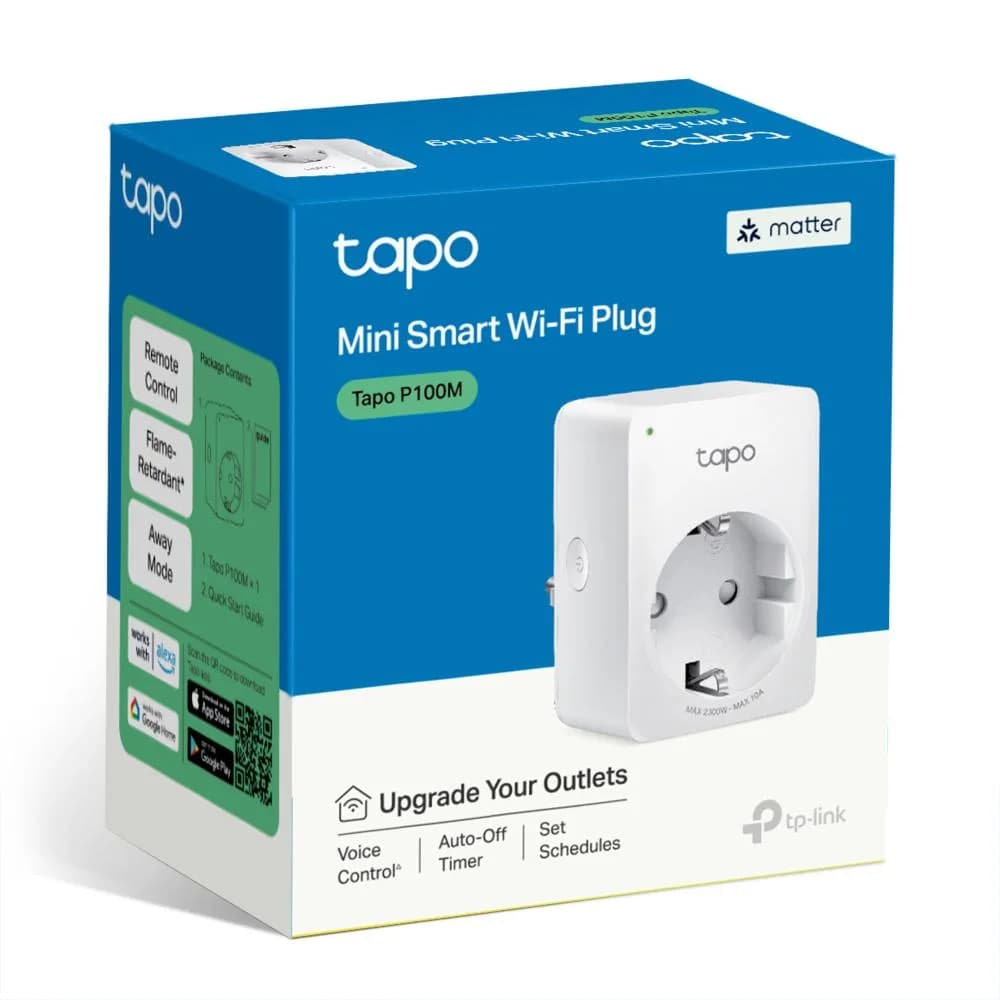TP-LINK TAPO P100M Mini priză Wi-Fi smart, compatibilă cu Matter, WIFI Protocol: IEEE 802.11b/g/n, Bluetooth, 2.4Ghz, Dimensiuni: 72 × 51 × 40 mm, Cerinte de alimentare: 100-240V~, Incarcare maxima: 2,300W, 10A. — miniatură