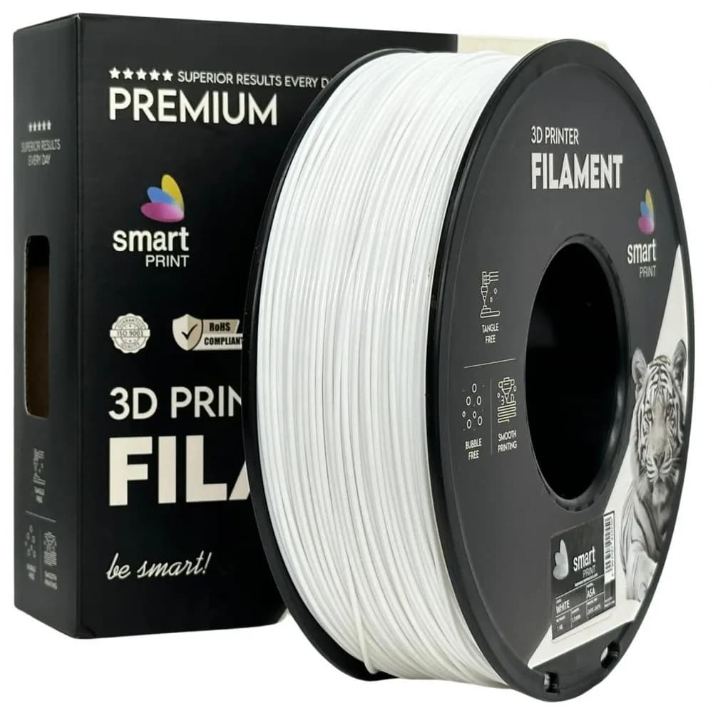 SMART PRINT FILLAMENT 1KG ASA WHITE, Rezistenta UV, Finisaj mat, Diametru: 1.75mm, Greutate: 1KG, Temperatura duza: 220C – 250C, Temperatura platforma printare: 95C – 110C.