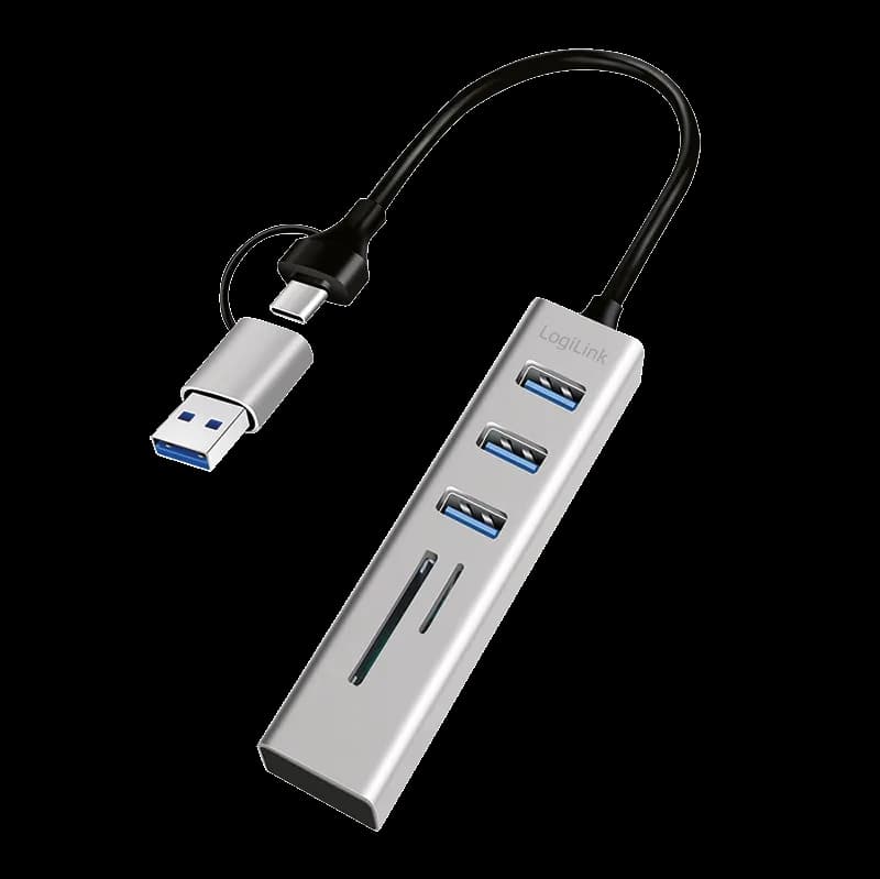 HUB extern LOGILINK, porturi USB: USB 3.0 x 3, conectare prin USB-C 3.0, adaptor conectare USB-A, SD/SDHC + microSD, metal, argintiu, "UA0445"