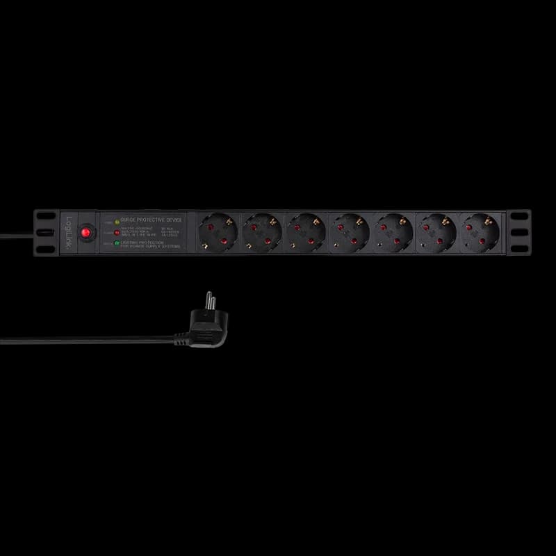 PDU LOGILINK 1U pt. rack 19 inch, 7 prize Schuko, intrare Schuko, max 16 A, ON/OFF, prot. suprasarcina, filtru de linie, IP20, 2 m, negru, "PDU7C02"