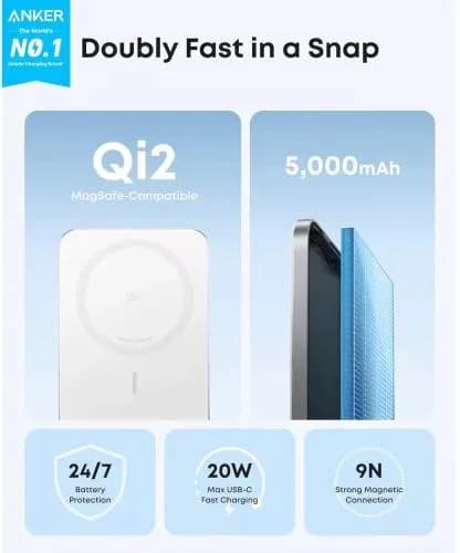 POWER BANK Anker "Nano" 5.000 mAh, 15W MagGo, slim, magnetic, wireless, 1 x USB-C incarcare, 122g, alb, "A1665H21" - 194644235451 — miniatură
