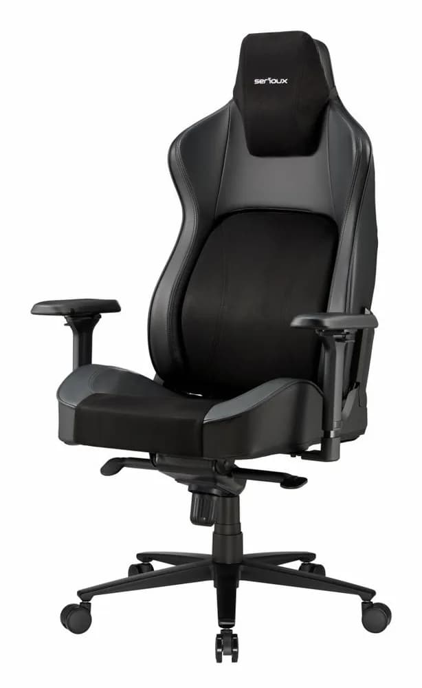 Scaun Gaming Serioux Prime, Capacitate greutate: 150 kg, Material suprafață: Piele, Material textil, Tip cotieră: Cotieră 4D, Tip mecanism: Mecanism tip broască, Tip pârghie pneumatică: 100 mm, ridicare pe gaz clasa 4, Tip bază: 350 mm, bază din aluminiu, Tip roți: 60 mm, roți din poliuretan — miniatură
