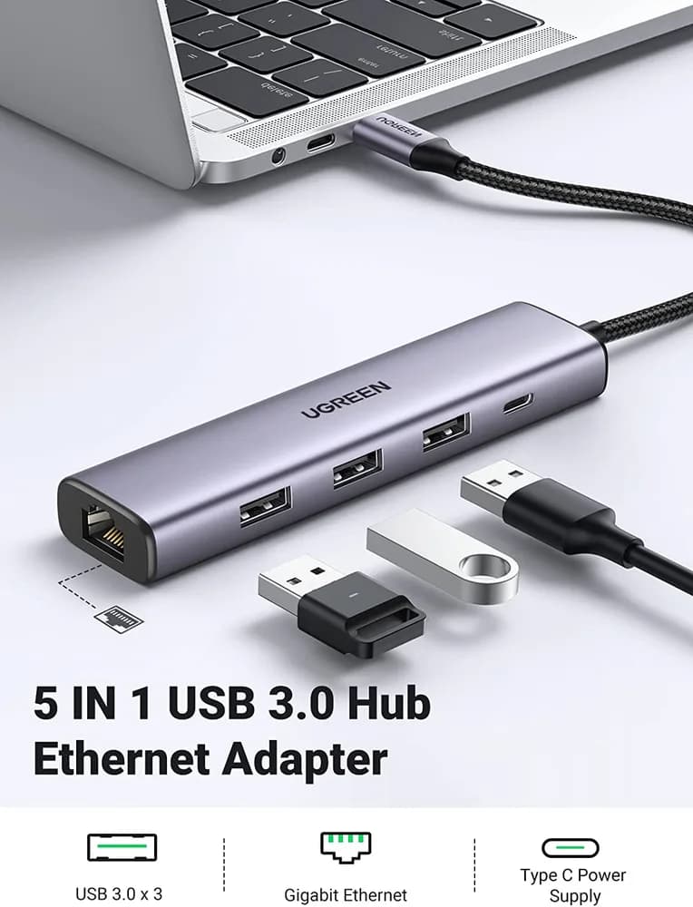 ADAPTOR RETEA Ugreen, "cm475" extern, USB 3.0 (T) la port Gigabit RJ-45, porturi USB: USB 3.0 x 3, USB Type-C x 1, argintiu "60554" - 6957303865543 — miniatură