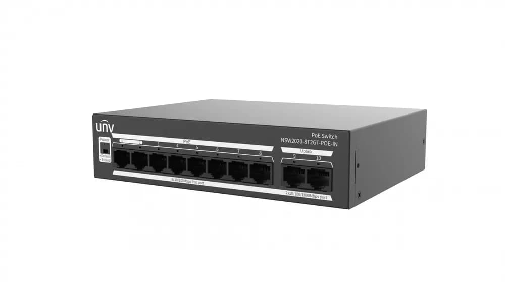 Switch Uniview NSW2020-8T2GT-POE-IN; Porturi:8×100Mbps network ports (RJ45)+2×1000Mbps ports, including 8 PoE ports; Maxim 30 W per port, Buget 120 W; Performanta: Switching capacity 5.6 Gbps, Forwarding 4.17Mpps; Functii: Up to 250m transmission distance on surveillance mode; Alimentare: AC 100 to