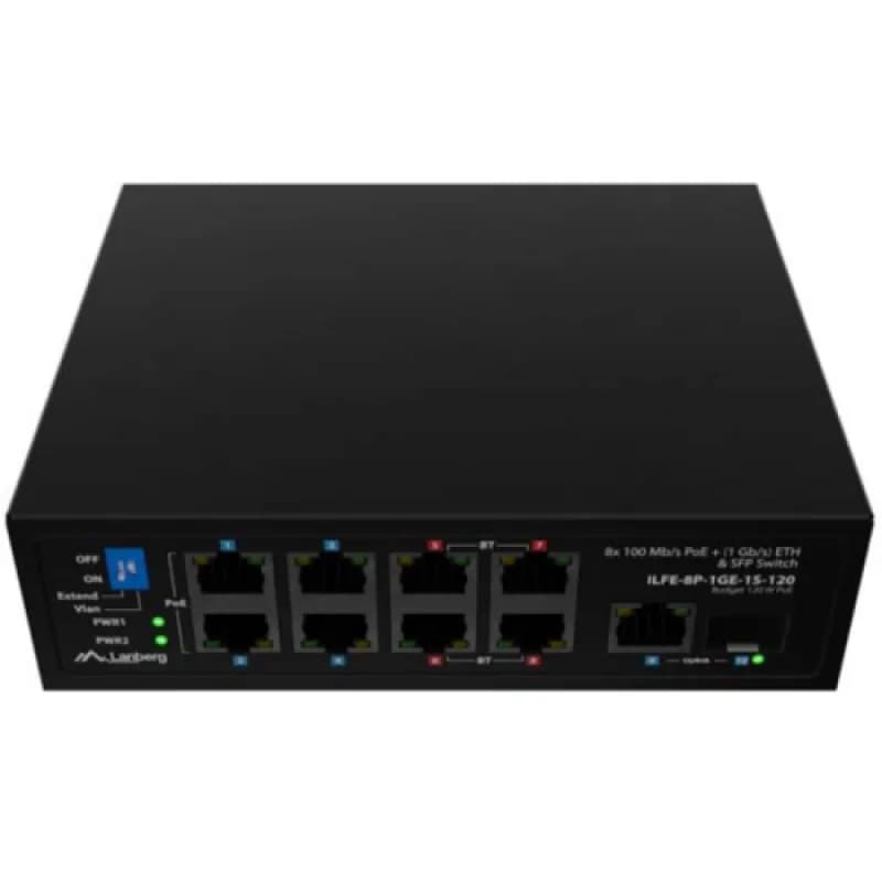 Switch Lanberg ILFE-8P-1GE-1S-120, 1x 1000BASE-T, 1x 1000BASE-X SFP, 4x 100BASE-T 802.3af/802.3at PoE+, 4x 100BASE-T 802.3bt PoE++, maxiumum network link speed 1 Gbps, standarde PoE 802.3at, 802.3af 802.3bt